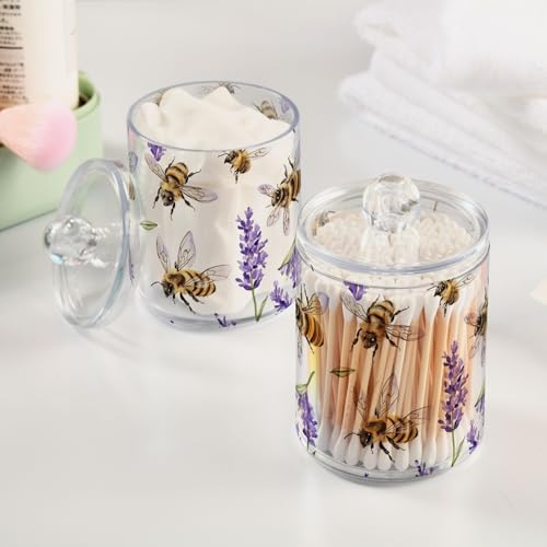 Fustylead 2 Pack Vivid Honeybee and Lavender Flower Qtip Holder Dispensers, Plastic Apothecary Jar Bathroom Accessories Set for Cotton Ball, Swab, Round Pads, Floss