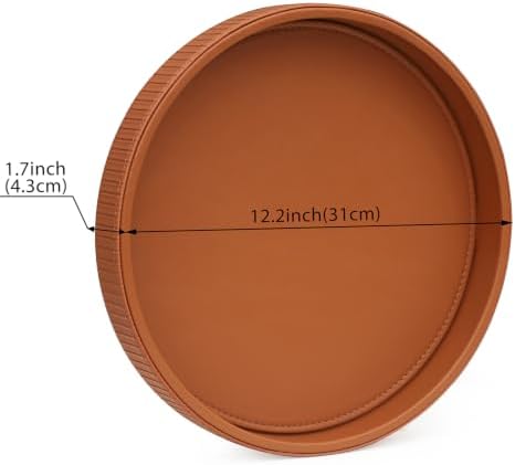 HofferRuffer Round Decorative Tray, Faux Leather Vanity Tray Decor, Decorative Catchall for Perfume, Bathroom Valet, Nightstand or Dresser (Brown Stripe, 12")