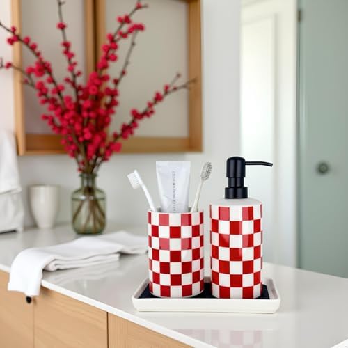 Bathroom Toothbrush Holder Set, Ceramic Soap Dispenser and Tooth Brush Holder Set, Bathroom Accessories Sets Countertop, Modern Red and White Checkered Bathroom Decor