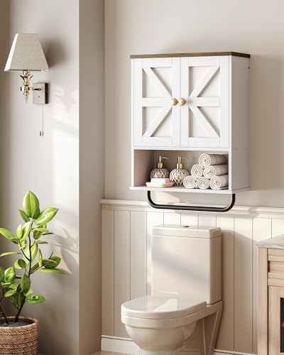 CHOEZON Bathroom Wall Cabinet, Medicine Cabinet with Open Partition and Towel Bar, Rustic Storage Cabinet with Open and Hidden Storage Space, for Bathroom, Living Room, Kitchen, White and Walnut