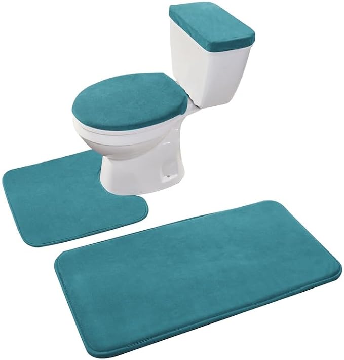 Madeals Bath Rug Set 4 Piece with Toilet Lid Cover and Tank Cover Teal Blue | Memory Foam,Non-Slip Backing,Soft,Fit,Absorbent, Comfort,2 Piece Bathroom Mat,Thickness,Quick Drying, Washable,Toile Tank