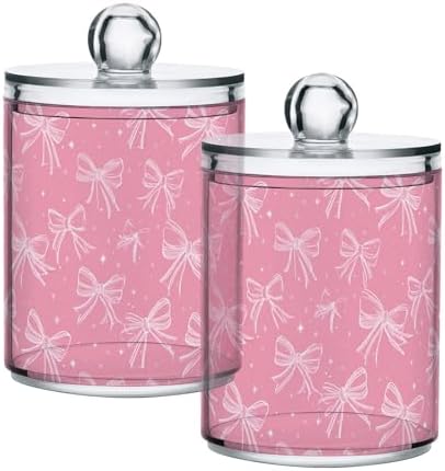 Pink Bows Qtip Holder Apothecary Jars Bathroom Storage Floss Makeup Organizer for Cotton Ball Swab Acrylic 2 Packs