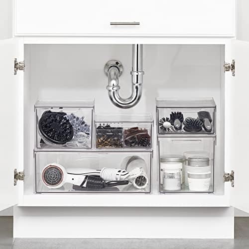 mDesign Plastic Stackable Bathroom Storage with Pull Out Bin Organizer Drawer for Cabinet, Vanity, Shelf, Cupboard, Cabinet, or Closet Organization - Lumiere Collection - Clear