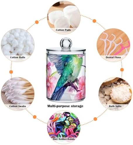 Hummingbirds Qtip Holder 4 Pack - 10 Oz Clear Plastic Apothecary Jar Set for Bathroom Organization - Versatile Canister Storage for Cotton Balls, Swabs, Rounds