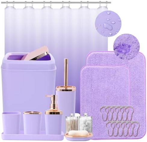 XLHOMO Bathroom Accessory Set–Bathroom Sets with Shower Curtain and Rugs, Non Slip Bathroom Rugs Super Absorbent, Light Purple Ombre Shower Curtain with Hooks, Lavender Bathroom Sets Complete for Home