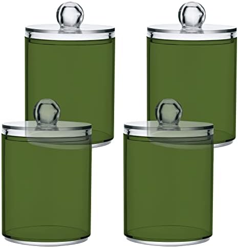 SHJI Dark Olive Green Qtip Holder Organizer Dispenser Cotton Swabs Cans Plastic Jars with Lid Set 4 Pack Bathroom Storage Canister for Cotton Ball Floss Cotton Pads