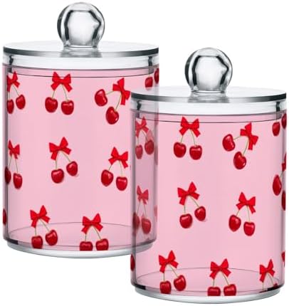 DOMIKING Bow Cherry Fruit Pink 2 Pack Cotton Swab Holder Dispenser Plastic Jar Bathroom Storage Canister Acrylic Containers for Cotton Ball Swab Round Pads