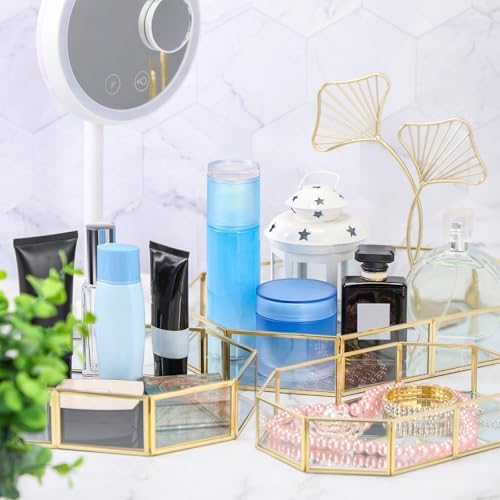 Jetec 3 Pieces Mirror Glass Vanity Tray Gold Ornate Makeup Tray Metal Vintage Octagonal Perfume Dresser Trays for Bedroom Home Decor Dresser Hotel, 3 Sizes