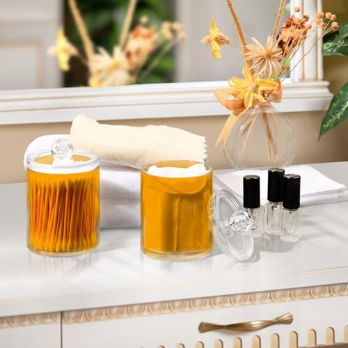 Gredecor 4 Pack Orange Qtip Holder Organizer Dispenser Clear Bathroom Storage Canister Cotton Ball Holder Bathroom Containers for Cotton Swabs/Pads/Floss