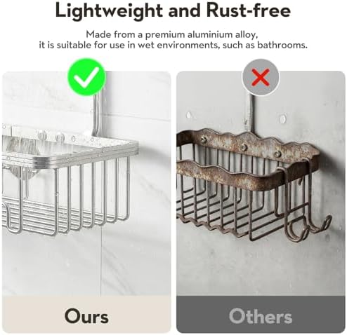 Shower Caddy Hanging, Never Rust Shower Organizer Hanging, Aluminum Shower Racks for Inside Shower with Hooks for Razor, Bathroom Organizers and Storage with Soap Holder, Bright Silver