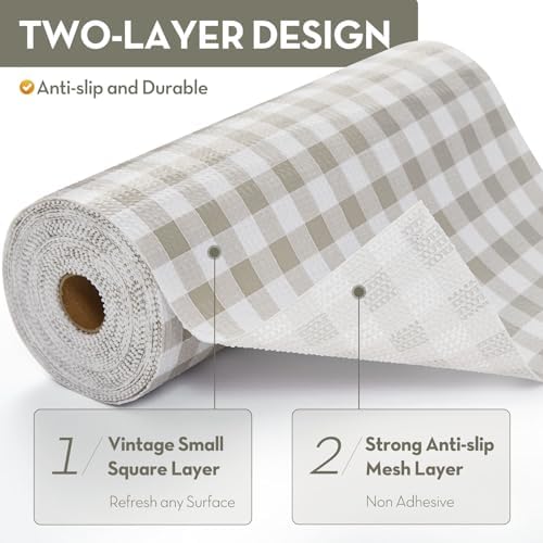 Drawer Shelf Liner, Non-Slip Kitchen Cabinet Liners Non-Adhesive Thick Strong Grip Waterproof Mats Protect Dresser Shelves Cupboard Bathroom Cabinets, Green Plaid, 17.5 in X 30 FT