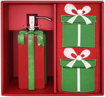 Christmas Resin Soap Pump Dispenser and Hand Towel Gift Set – Holiday Bathroom Décor Featuring Snowman, Penguin & Gift Box Designs – Festive Soap Dispenser with Matching Towels