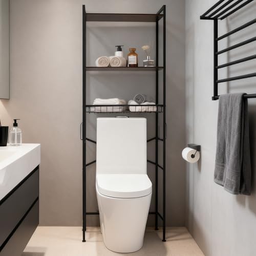 Over The Toilet Storage Rack, 3-Tier Bathroom Organizer Shelf with Toilet Paper Holder & 3 Hooks, Freestanding Metal Over Toilet Storage Shelves for Small Bathroom Spaces, Brown