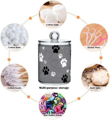 Fustylead 2 Pack Paw Print and Hearts Plastic Apothecary Jar Set for Bathroom Storage, Qtip Holder Dispensers for Cotton Ball, Swab, Round Pads, Floss