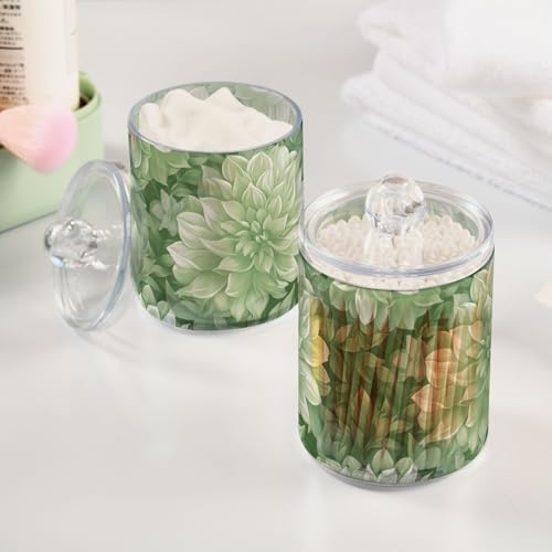 Fustylead 4 Pack Sage Green and White Dahlia Qtip Holder Dispensers, Plastic Apothecary Jar Bathroom Accessories Set for Cotton Ball, Swab, Round Pads, Floss