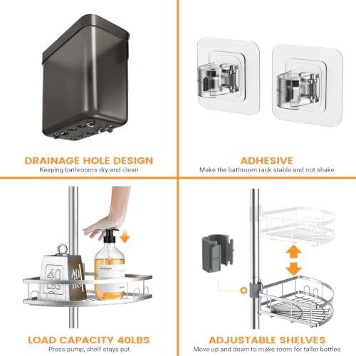 Adjustable Tension Pole Shower Caddy: Rustproof Corner Bathroom Organizer