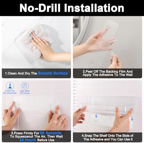 Diesisa Plastic Wall Mount Organizer, Adhesive Clear Acrylic Shelf, No Drilling Hang Walls Shower Caddies, with Self Adhesive Tape, for Bathroom, Kitchen, Utility Room,3.8D x 12.8" W x 3.3" H