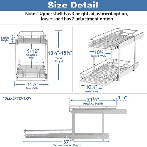 2 Tier Individual Pull Out Cabinet Organizer 11½" W x 21½" D, Heavy Duty Cabinet Pull Out Shelves, Slide Out Drawers Organization for Kitchen Cabinets Bathroom