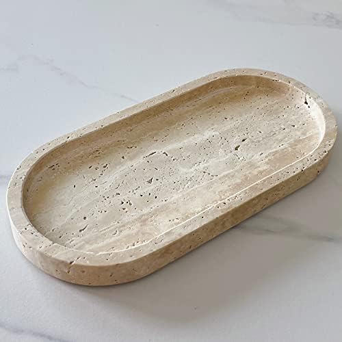Natural Marble Oval Tray Ornaments Vintage Small Tray Storage Dish for Counter, Vanity, Dresser, Nightstand and Desk (Beige Travertine)