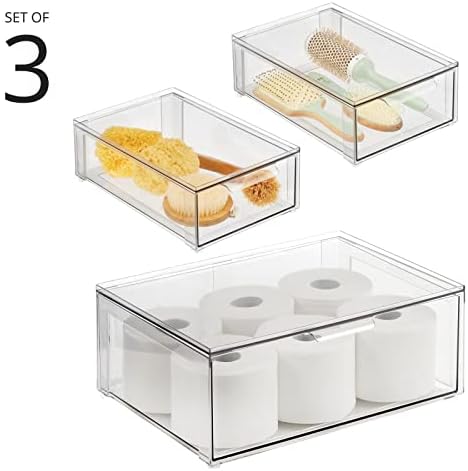 mDesign Plastic Stackable Bathroom Storage Organizer Bin Containers with Front Pull Drawer for Bathroom Countertop, Vanity, Closet Shelves - Holder for Accessories, Lumiere Collection, Set of 3, Clear
