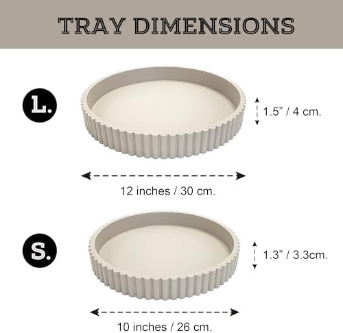 Modern Table Round Decorative Trays 2pcs Home Decor - Circle Coffee Table Centerpiece Set 12"/10" - Wooden Warm Grey Ottoman Tray with Fluted Edge