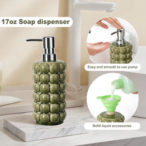 4 Piece Ceramic Bathroom Accessories Set –Soap Dispenser,Toothbrush Holder,Tumbler & Soap Dish,Includes Silicone Funnel,Non-Slip,Modern Farmhouse Countertop Organizer Set for Bathroom Decor, Green