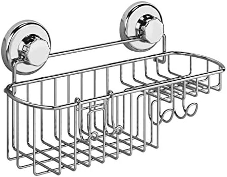 HASKO Shower Caddy Suction Cup, Shower Shelf with Soap Dish and Hooks Organizer, Suction Bathroom Shelf for Storage, Wall Mounted Basket (Polished Stainless Steel SS304)