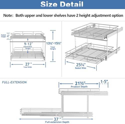ROOMTEC Individual Pull Out Cabinet Organizer (27" W x 21½" D), 2 Tier Spice Rack Organizer for Cabinet, Slide Out Drawer Pantry Shelf Organization and Storage for Kitchen Bathroom