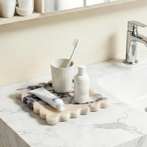 Scalloped Square Marble Decorative Tray, Natural Stone Vanity & Jewelry Tray, Trinket Organizer for Ring, Key, Dresser, Nightstand, Bathroom Counter & Kitchen Sink(Calacatta Viola)