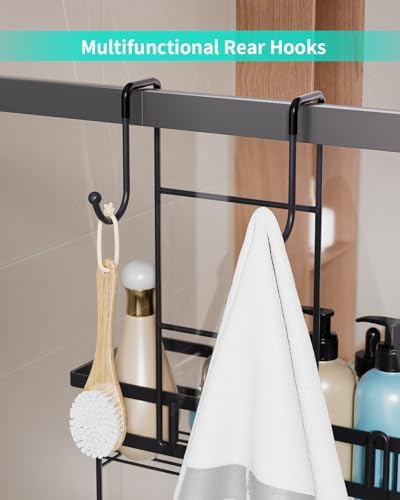 HapiRm Hanging Shower Caddy Over the Door with 14 Hooks and Soap Holder, No Drilling Adhesive Shower Storage, Rustproof & Waterproof Stainless Steel Bathroom Shelves - Black