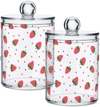 2 Pack Plastic Qtips Holder Strawberry Fruit Bathroom Organizer Canisters for Cotton Balls/Swabs/Pads/Floss,Plastic Apothecary Jars for Vanity