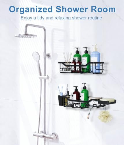 Shower Caddy Adhesive Bathroom Shelf, 2-Pack Rustproof Shower Organizer, Wall Mounted Shelves for Large Storage with Soap and Toothbrush Holder