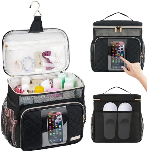 Portable Shower Caddy College Dorm Essentials (Full Size Bottle Compatible), Toiletry Bag for Women Men, Hanging Makeup Bag with Quickly Dry Mesh Base for Travel,Gym & Camping, Black