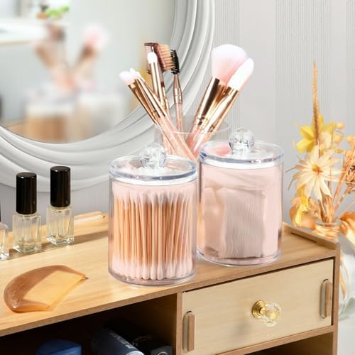 Gredecor 4 Pack Misty Rose Qtip Holder Organizer Dispenser Clear Bathroom Storage Canister Cotton Ball Holder Bathroom Containers for Cotton Swabs/Pads/Floss