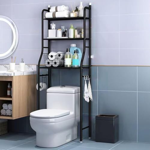 3-Tier Over The Toilet Storage, Over Toilet Bathroom Organizer, Freestanding Metal Bathroom Shelves, Over The Toilet Organizer with Hooks and Paper Holder, Space-Saving, Black