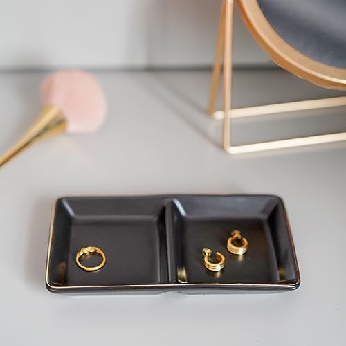HANKOR Ceramic Jewelry Dish Tray, 2 Compartment Ring Dish, Decorative Trinket Tray for Rings, Earrings, Keys, Birthday Christmas Gifts, Black