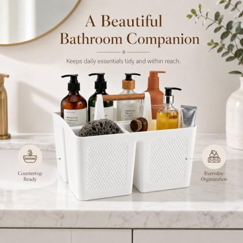 Haundry Plastic White Shower Caddy Basket with 3 Compartments, Portable Divided Bathroom Cleaning Caddy Organizer Storage Tote with Handle for Dorm, College, Room Essentials