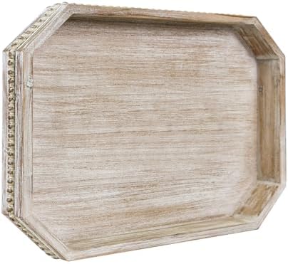 Wooden Decorative Tray, Rustic Serving Tray with Wood Bead, Farmhouse Big Tray for Ottoman, Countertop, Coffee Tabl, 16.5" x 13"x 1.6" (White Washed)