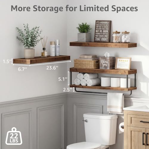 QEEIG Long Bathroom Floating Shelves Over Toilet (Brown, Set of 3, 23.6")