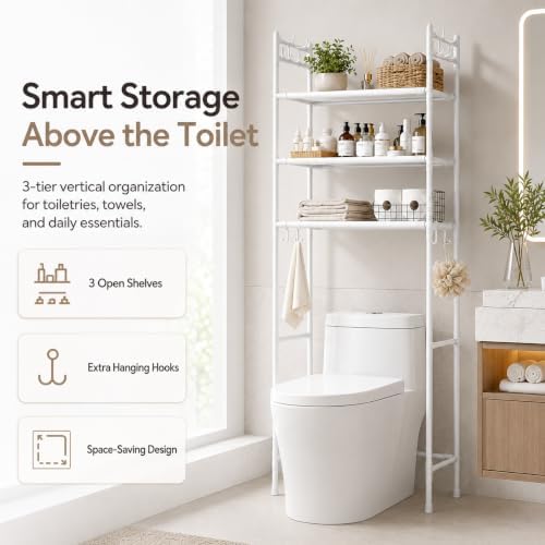 3-Tier Over the Toilet Storage,Metal Storage Rack Above The Toilet Storage Rack,Space Saver Freestanding Bathroom Shelve for Accommodate Toiletries and Daily Necessities (Black)