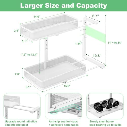 Under Sink Organizer 2 Pack, High Adjustable 2 Tier Under Sink Organizers and Storage, Slide out Metal Cabinet Organizers, Pull out Storage Drawer Shelf for Kitchen Bathroom Cabinet (White)