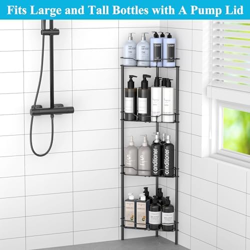 HuggieGems 4 Tier Floor Standing Corner Shower Caddy Organizer Shelf with Hooks, Bathroom Shelves Stand Rack, Black (Pack of 2)