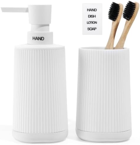 White Bathroom Soap Dispenser and Toothbrush Holder Set with Non-Slip Base