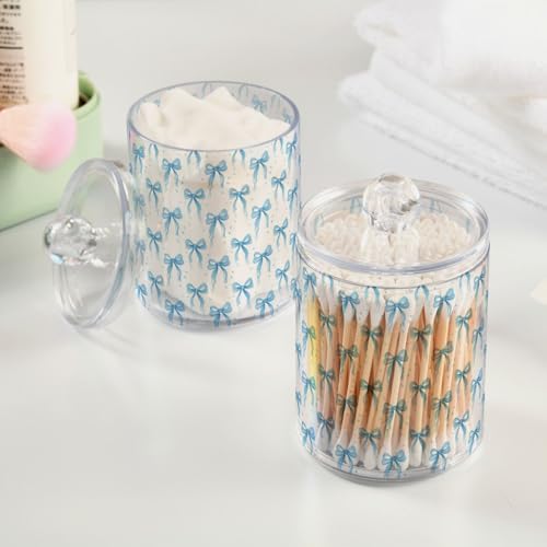 Gredecor 4 Pack Qtip Holder Clear Blue Ribbon Bow Watercolor Apothecary Jars with Lids Acrylic Bathroom Jars Vanity Countertop Canister Storage Organizer for Cotton Ball,Swabs,Pads,Floss