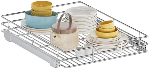 Pull Out Cabinet Organizer, 25.5" W x 21.5" D, Heavy Duty Chrome Slide Out Shelf for Wide Base Cabinets, Sliding Wire Basket Drawer for Pots, Pans, Appliances & Pantry Storage
