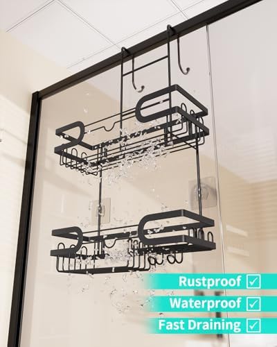 HapiRm Hanging Shower Caddy Over the Door with 14 Hooks and Soap Holder, No Drilling Adhesive Shower Storage, Rustproof & Waterproof Stainless Steel Bathroom Shelves - Black