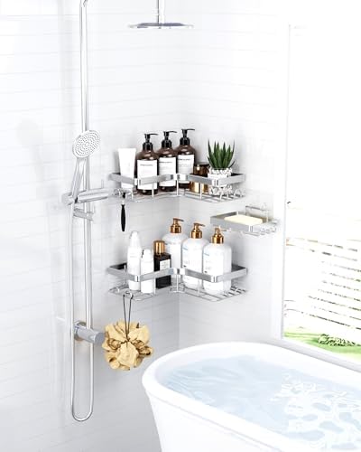 Sakugi Corner Shower Caddy, Large, 3-Pack, Soap Holder & Hooks, Silver