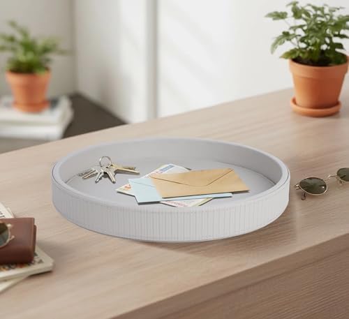 HofferRuffer Round Decorative Tray, Faux Leather Vanity Tray Decor, Decorative Catchall for Perfume, Bathroom Valet, Nightstand or Dresser (Grey Stripe, Round-12" x 12" x 1.6")