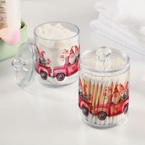 2 Pack Qtip Holder Dispenser with Lids, Valentines Gnomes Pickup Truck Plastic Storage Containers,Bathroom Canisters Organizer for Cotton Ball, Cotton Swab, Cotton Round Pads, Floss 21217890