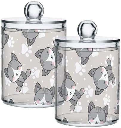 2 Pack Plastic Qtips Holder Cat Animal Cartoon Bathroom Organizer Canisters for Cotton Balls/Swabs/Pads/Floss,Plastic Apothecary Jars for Vanity